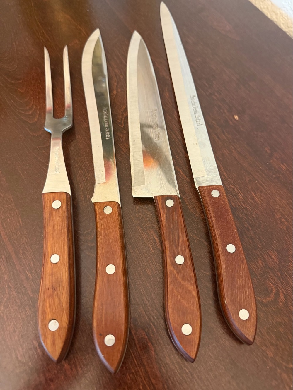 Vintage Interpur Japan Stainless Steel Carving Set 3 Knives 1 Fork Wood Handle